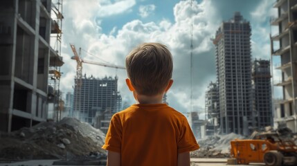 Young boy stands with his back to the camera, looking at a large construction site with several high-rise buildings being built.