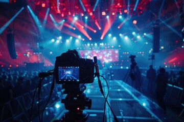 Poster - A video camera set up on a tripod, ready to capture the scene in front of a crowd