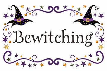 Flat Witchs Hat and Stars Border with Bewitching Text concept as A mystical border frame featuring witchs hats and stars at the corners with the word Bewitching in a swirling enchanted font. The desig