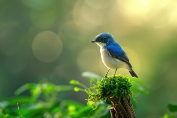 Poster - A small blue and white bird perches on a moss-covered branch, surrounded by lush greenery