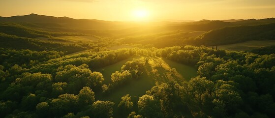 Morning sunrise over a mountain valley with lush green fields, fog, and clouds