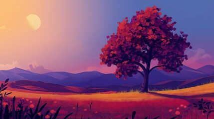 Wall Mural - Colorful Sunset Landscape with Lone Tree and Mountains
