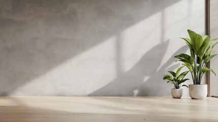 Wall Mural - Minimalist interior with potted plants casting shadows on a sunlit wooden floor

