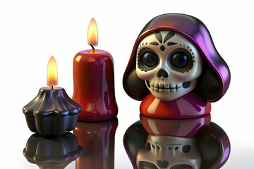 Glossy Candle with Reflective Catrina concept as A close up of a glossy candle placed next to a reflective Catrina figure set against a dark glossy background symbolizing the elegance and spiritual re