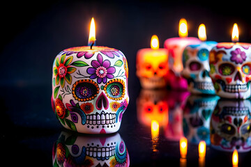 Glossy Candle with Reflective Sugar Skulls concept as A vertical shot of a glossy candle surrounded by reflective sugar skulls set against a dark glossy background. The scene creates a serene spiritua