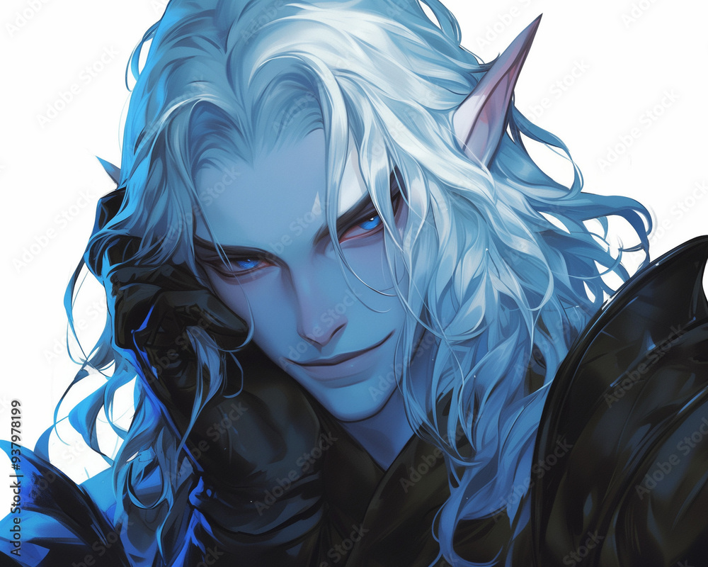 stylized close-up portrait of an elf male with long white hair ...