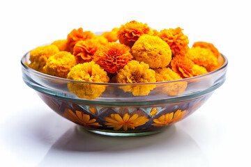 Glossy Offering Bowl with Holographic Marigolds concept as Wide shot of a glossy offering bowl surrounded by holographic marigolds isolated on a white background creating a serene and spiritual Dia de