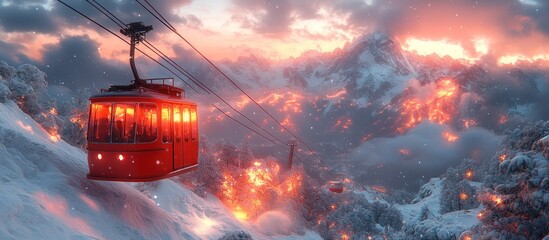 Wall Mural - Cable Car in Snowy Mountain Sunset