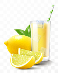 Wall Mural - A glass of fresh lemonade or lemon smoothie with ice cubes falling into the glass. Cup of cocktail or lemon juice with lemon fruits, isolated on transparent background. Realistic 3d vector