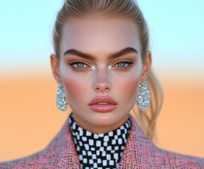 Close-up of a model with bold makeup and large crystal earrings against a clear sky backdrop. Contemporary beauty portrait highlighting strong brows and glowing skin.