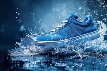 Dynamic shot of a blue sneaker splashing through water, highlighting its waterproof design against a deep blue background..