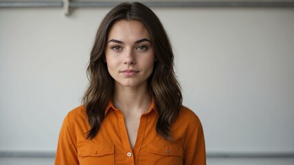 teen stunning brunette caucasian woman with orange shirt model portrait standing straight on a plain white background for ad concept space for text