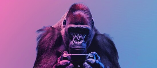 Wall Mural - Gorilla and game pad on neon style gradient background