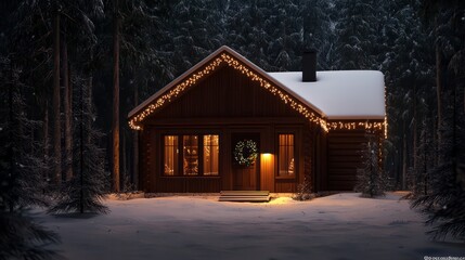 Wall Mural - A cozy cabin with a wreath on the door and a Christmas tree in the background. Scene is warm and festive