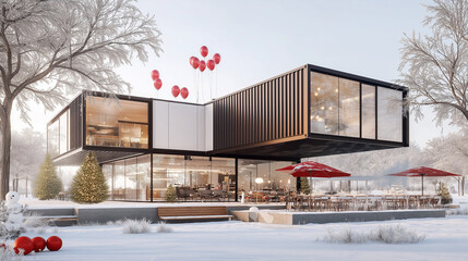 A large, modern container house with two floors, decorated for Christmas and New Year's Eve in winter, with an umbrella on the terrace of a cafe shop, balloons around, and snowmen nearby. A snowy land