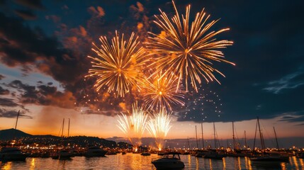 Wall Mural - A beautiful night sky with a lot of fireworks and boats in the water. Scene is festive and lively