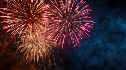 Wall Mural - A fireworks display with two large fireworks in the middle and smaller fireworks in the background. The fireworks are bright and colorful, creating a festive and celebratory mood