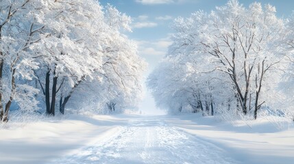 A snowy road with trees in the background. The trees are bare and covered in snow. The road is empty and quiet, with no cars or people in sight. The scene is peaceful and serene