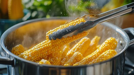 Taking Boiled Corn with Tongs in Closeup Kitchen Scene