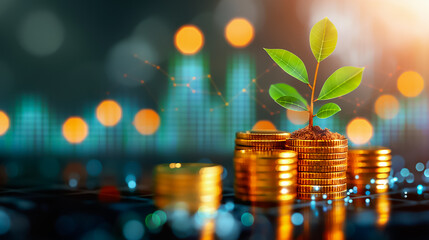 Poster - Stacks of coins highlight a young plant emerging from the top, symbolizing growth and investment in a visually striking financial environment filled with bokeh lights