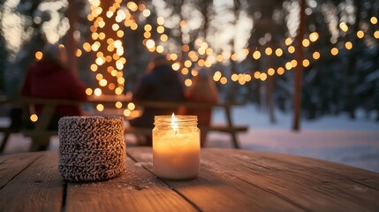 Wall Mural - A candle is lit on a table in front of a group of people. The scene is set in a forest, with a bench and a picnic table nearby. The atmosphere is cozy and intimate