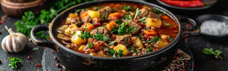 Hearty Vegetable Stew in Rustic Pot on Dark Table - Traditional Food Photography