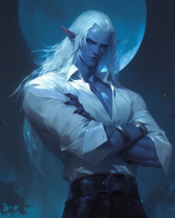 Wall Mural - fantasy portrait of a drow male with white hair, blue skin, and a serious expression, standing against a full moon, highly detailed and intense