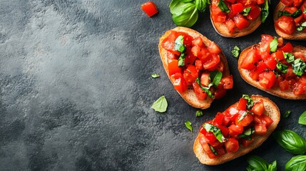 Delicious Tomato Bruschettas on Grey Table Flat Lay