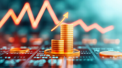 Poster - A stack of coins symbolizes increasing financial investment, while a rising chart displayed on a digital screen signifies market growth and potential profits