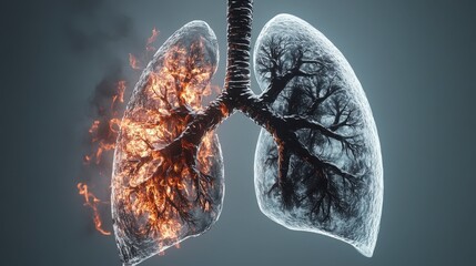 3D rendering of two lungs with one on fire and the other frozen, representing the effects of pollution and environmental damage on human health.