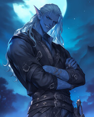 Wall Mural - fantasy portrait of a drow male with white hair, blue skin, and fanged smile, standing confidently against a night sky with a full moon, detailed and intense