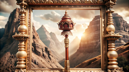 Hanumans Mace and Mountain Frame concept as Vertical frame with Hanumans mace on the top and a mountain on the bottom creating a powerful and inspirational Dussehra themed copy space perfect for desig