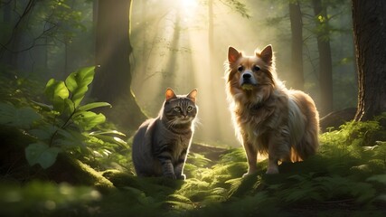 Wall Mural - A realistic image of a cat and dog exploring a dense, green forest together, with sunlight filtering through the trees and illuminating their fur.	