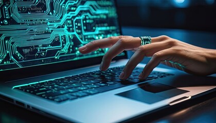 Aufkleber - Human Hand Engaged in Typing on a Laptop Adorned With Futuristic Circuit Board Decorations at Night