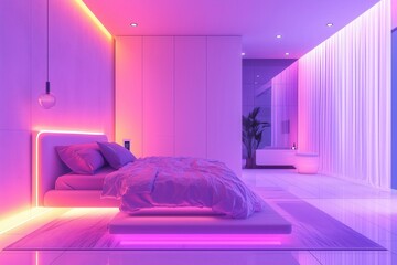 High-tech bedroom with ambient lighting, a virtual assistant responding to voice commands, sleek minimalist design, soft hues and holograms, No logo, No Trademark, No text, minimal concept with copy