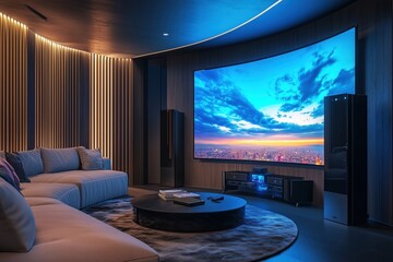 Smart home entertainment room with a curved screen, voice command integration, ambient lighting, ultra-modern furniture, No logo, No Trademark, No text, minimal concept with copy space for stock photo