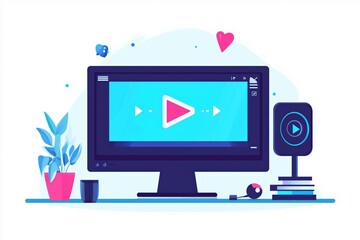 Wall Mural - computer screen displaying live stream with viewer count, flat design illustration, no logo, no trad