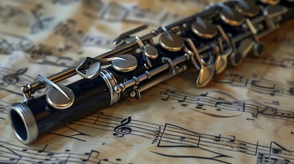 A close-up of a clarinet with its silver keys and black body, lying on a sheet of classical music. 32k, full ultra hd, high resolution