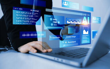 Poster - Interaction with the Ai assistant to solve some tasks more easily. Image generator, documents, marketing and advertising, bot writing and coding.Person using laptop with Ai Content Generator. 