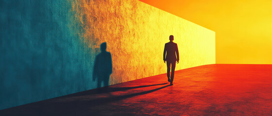 A silhouette of a person walking towards a vibrant wall in striking colors, representing journey and exploration.