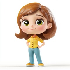 Charming Cartoon Salesgirl, a vibrant 3D illustration featuring a cute girl with a big head and friendly smile, designed to engage and delight young audiences, set against a clean white backdrop