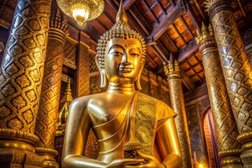 Serene golden Buddha statue cradles Thai currency behind gleaming glass at ancient Wat Chedi Luang temple, surrounded by intricate carvings and soft natural light.