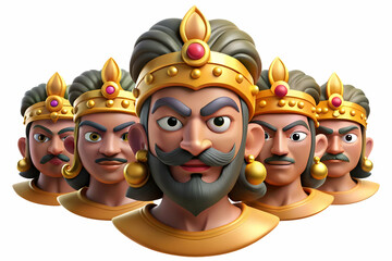 Ravanas Ten Heads and Crown concept as Vector illustration of Ravanas ten heads with a crown isolated on a white background symbolizing his multiple personalities and power with detailed and bold desi