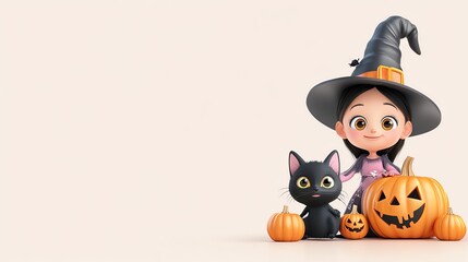 Wall Mural - A cheerful witch girl with a black cat and pumpkins, perfect for Halloween-themed designs and illustrations.