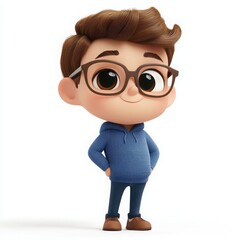 Charming Cartoon Web Developer Character, featuring a large head, big eyes, friendly smile, vibrant design, appealing to children, set against a clear white background.