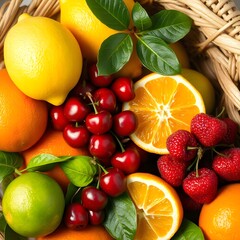 Wall Mural - fruits and vegetables. fruit in a basket. slice of oranges and lemon, berries in a basket.