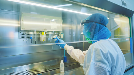 Research laboratory technician with EPI respiratory protection, protective clothing. Biohazard samples in laminar flow fume. Highly lethal viruses and bacteria control. Clinical Microbiology biosafety