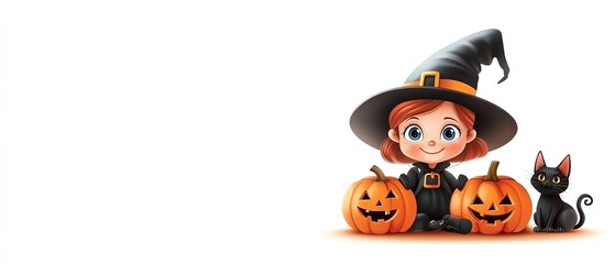 Wall Mural - A cute girl in a witch hat with pumpkins and a black cat, perfect for Halloween-themed designs and festive illustrations.