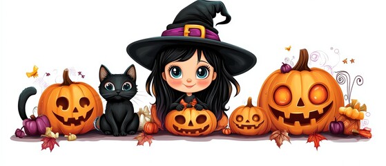 A cute witch girl surrounded by smiling pumpkins and a black cat, perfect for Halloween-themed artwork and decorations.