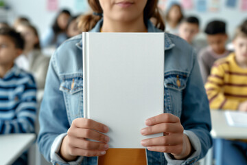 A close-up of a teacher holding a blank book with an empty white cover in a classroom setting. Mockup,empty space, text, education, literature, and potential for creativity.